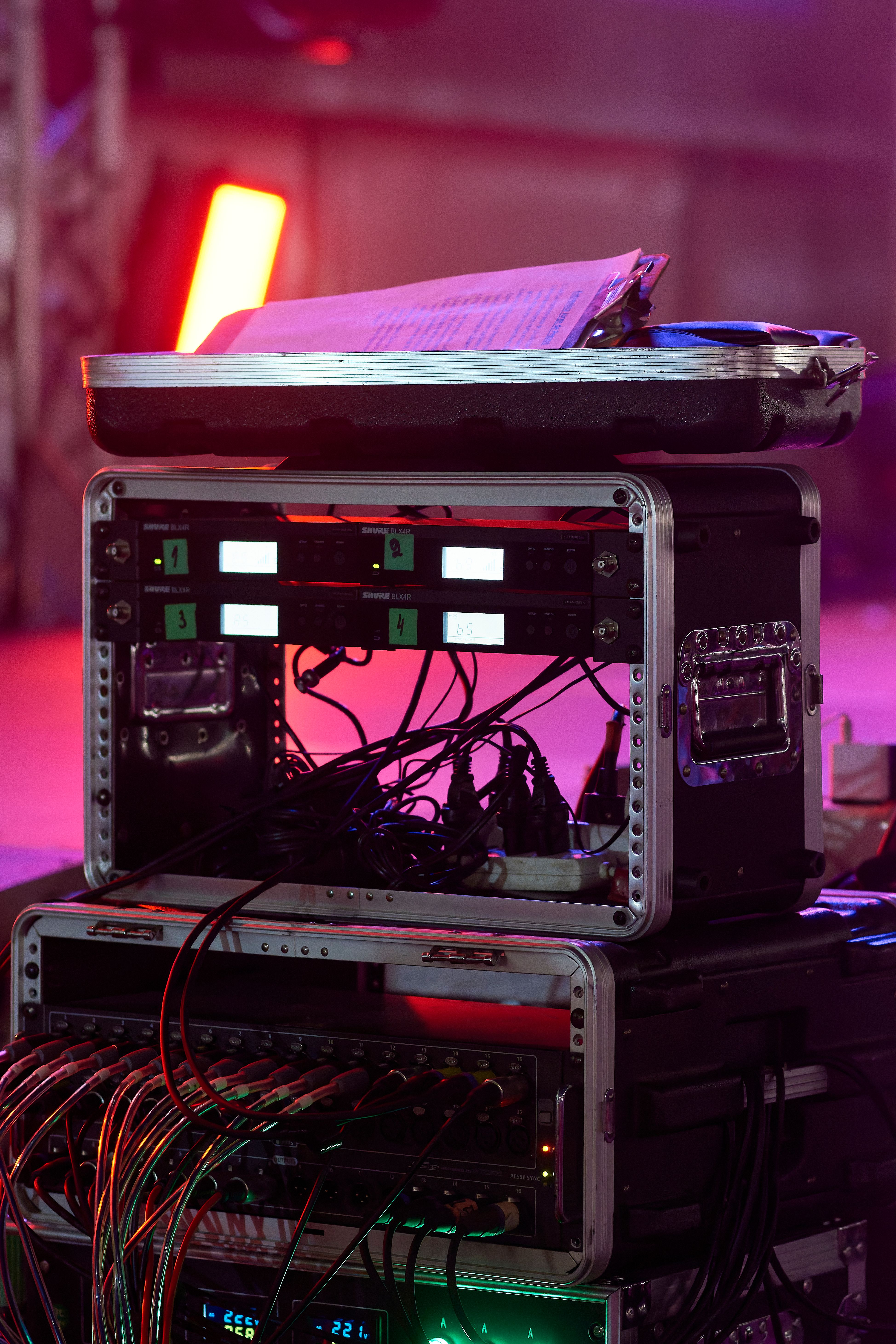 Professional production equipment road case backstage at an event venue
